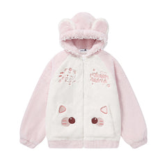 3D Cat Ear Fuzzy Zip Jacket Cartoon Cat Embroidery