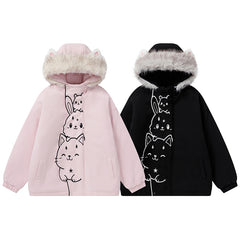 3D Cat Ear Hooded Coat Stacked Animal Embroidery Faux Fur Trim