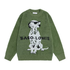 Fuzzy Dalmatian Dog Graphic Knit Sweater