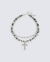 Layered Cross Spike Beaded Necklace