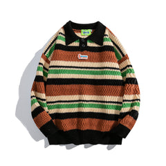 Multicolor Stripe Textured Polo Knit Sweater
