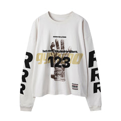 RRR123 Hand Graphic Cropped Oversized Long‑Sleeve Tee