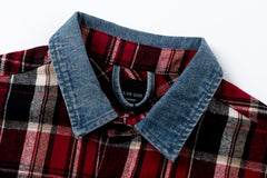 Street Ace Denim Collar Red Plaid Long‑Sleeve Shirt