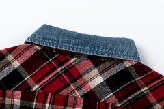 Street Ace Denim Collar Red Plaid Long‑Sleeve Shirt