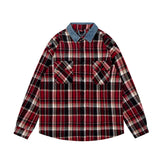 Street Ace Denim Collar Red Plaid Long‑Sleeve Shirt