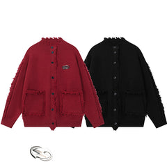 Frayed Raw Edge Knit Cardigan Metal Badge Detail