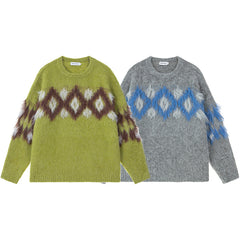 Fuzzy Geometric Diamond Jacquard Crewneck Sweater