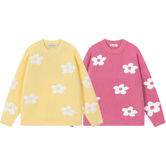 Floral Motif Ribbed Crewneck Knit Sweater