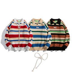 Multicolor Stripe Textured Polo Knit Sweater