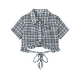 Plaid Ruffle Hem Tie‑Back Cropped Shirt