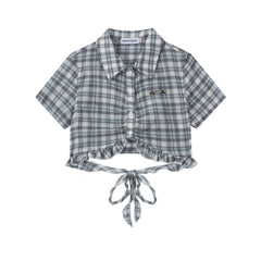 Plaid Ruffle Hem Tie‑Back Cropped Shirt