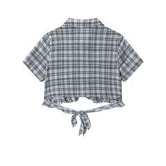 Plaid Ruffle Hem Tie‑Back Cropped Shirt