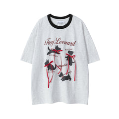Dog Silhouette Print Red Ribbon Ringer Tee