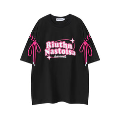 Retro Font Print Side Sleeve Lace‑Up Oversized Tee
