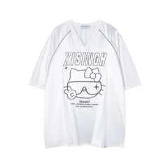 Cart Kitty Graphic Contrast Piping V‑Neck Tee