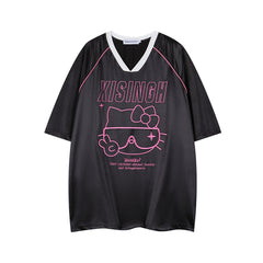 Cart Kitty Graphic Contrast Piping V‑Neck Tee