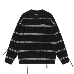 Distressed Fringe Striped Crewneck Knit Sweater