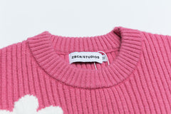 Floral Motif Ribbed Crewneck Knit Sweater