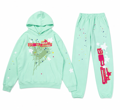Sp5der Web & Star Print Mint‑Green Hoodie & Sweatpants Set
