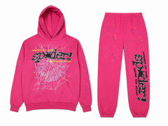 Sp5der Rhinestone Web‑Logo Hot‑Pink Hoodie & Sweatpants Set