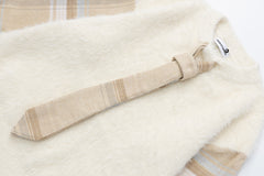 Fuzzy Plaid Spliced Sleeve Tie Decor Crewneck Knit Sweater