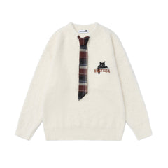 Fuzzy Crewneck Sweater With Detachable Plaid Tie & Cat Graphic