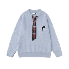 Fuzzy Crewneck Sweater With Detachable Plaid Tie & Cat Graphic