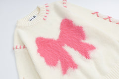 Fuzzy Bow Stitch‑Up Lace‑Up Crewneck Sweater