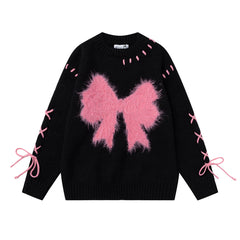 Fuzzy Bow Stitch‑Up Lace‑Up Crewneck Sweater