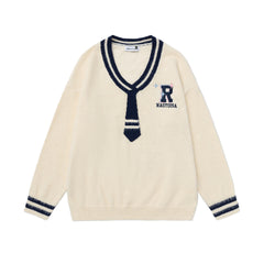Fuzzy Varsity V‑Neck Sweater With Knit Tie & R Logo