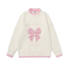 Faux Fur Contrast Fuzzy Trim Plaid Bow Embroidery Crewneck Sweater