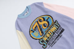 Color‑Block Spliced Sleeve 78 Racing Graphic Crewneck Knit Sweater