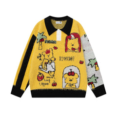 Polo Collar Fuzzy Knit Sweater Cartoon Bear Full Jacquard