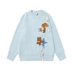 3D Bear Star Applique Fuzzy Crewneck Sweater