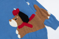 Cartoon Dachshund Jacquard Contrast Trim Crewneck Sweater