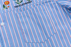 Blue Stripe Floral Embroidery Short Sleeve Shirt