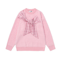 Fuzzy Crewneck Sweater With Large Plaid Bow Appliqué