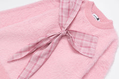 Fuzzy Crewneck Sweater With Large Plaid Bow Appliqué