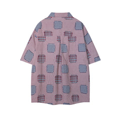Plaid Patchwork Bear Embroidery Short Sleeve Shirt