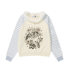 Fur Collar Striped Raglan Knit Sweater Anime Girl Print
