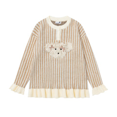 Vertical Stripe Knit Sweater With Plush Dog Patch & Ruffle Hem