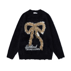 Distressed Fuzzy Leopard Bow Graphic Knit Sweater