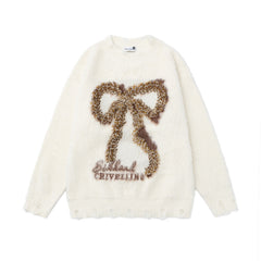 Distressed Fuzzy Leopard Bow Graphic Knit Sweater