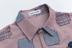 Plaid Patchwork Bear Embroidery Short Sleeve Shirt