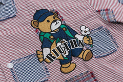 Plaid Patchwork Bear Embroidery Short Sleeve Shirt