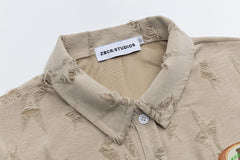 Distressed Jacquard Knotted Hem Patch Short Sleeve Shirt