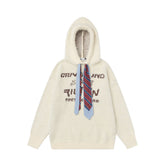 Fuzzy Hooded Knit Sweater With Striped Tie & Letter Jacquard