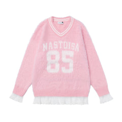 Fuzzy Varsity Number 85 Lace Hem V‑Neck Knit Sweater
