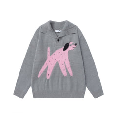 Fuzzy Half Button High Neck Dog Jacquard Sweater