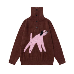 Fuzzy Half Button High Neck Dog Jacquard Sweater